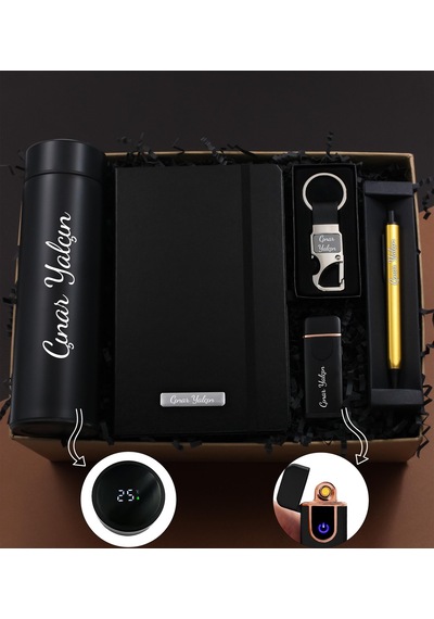 Kişiye Özel Premium Hediye Seti Dereceli Termos & Usb Çakmak & Defter & Anahtarlık & Kalem
