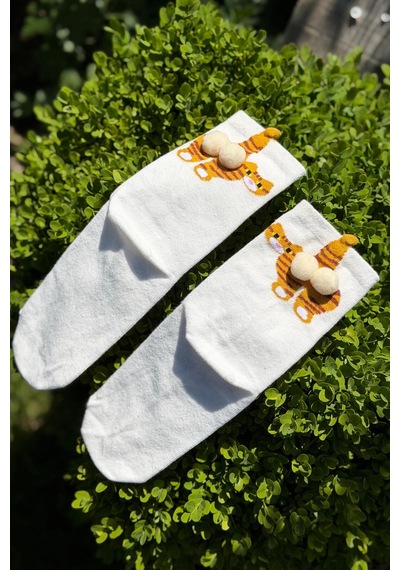 Lousocks Unisex Bej Yan Profil Tekir Kedi Desenli Ponpon Soket Çorap