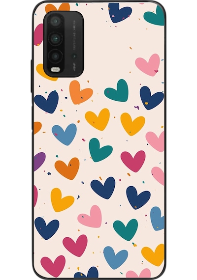 Redmi 9t Uyumlu Mavi Sarı Kalpler Baskılı Silikon Kılıf Renkli