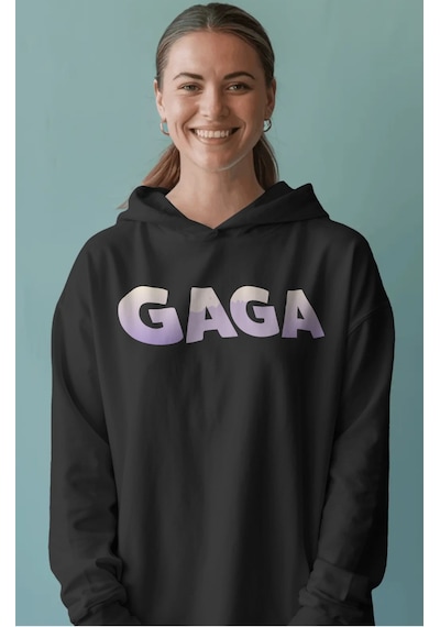 Sevbano Tasarım Lady Gaga Şarkıcı Sırt Baskılı Unisex Oversize Penye Hood Siyah