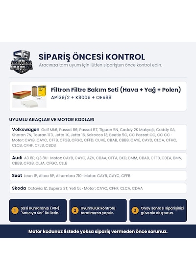 Filtron Filtre Bakım Seti Hava+yağ+polen - Golf 6 / Passat B6-b7-cc / Octavia 2 1.6-2.0 Tdı / 1.8 Tsı