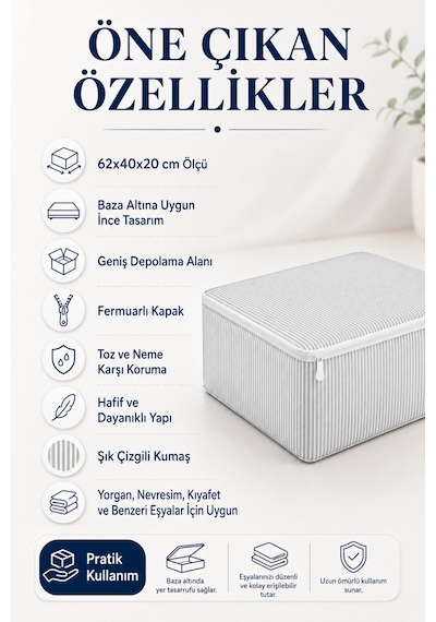 Hurç Seti Fermuarlı Çizgili Baza Altı Hurcu Yorgan Battaniye Kıyafet Saklama Organizeri 8'li Gri
