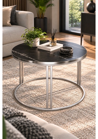 Sulorahome Siyah Mermer Desenli Yuvarlak Orta Sehpa 70 Cm