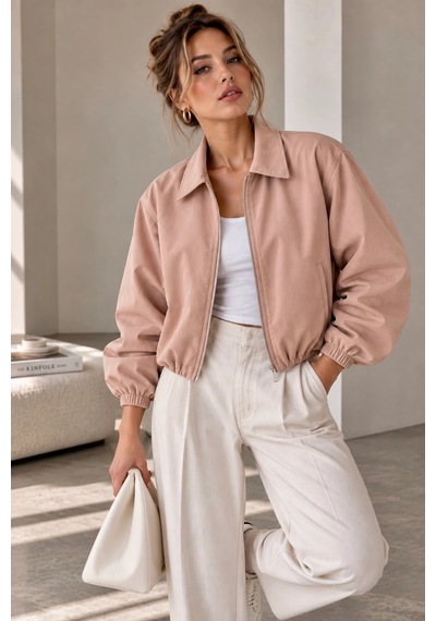 Bb Butik Basic Mevsimlik Fermuarlı Bomber Ceket Oversize Rahat Kalıp Fs3434 Pudra