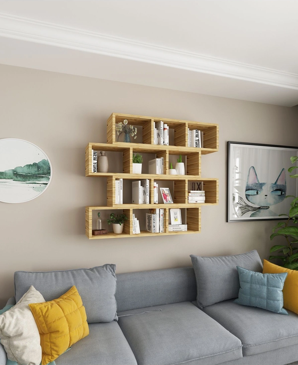 Kitaplık Modern Duvar Rafı Salon Yatay 4 Lü Takım Atlantik Çam Atlantik Çam