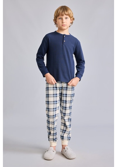 Defacto Regular Fit Henley Yaka Waffle Üst Ekose Alt 2li Pijama Takımı Erkek Çocuk I1444a826aunv256 Lacivert-nv256