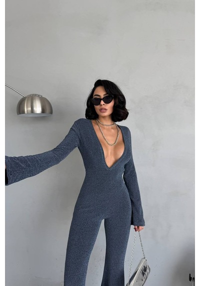 Neşeli Butik Kadın İndigo Dekolteli Novel Sim Maxi Tulum Nbdf118