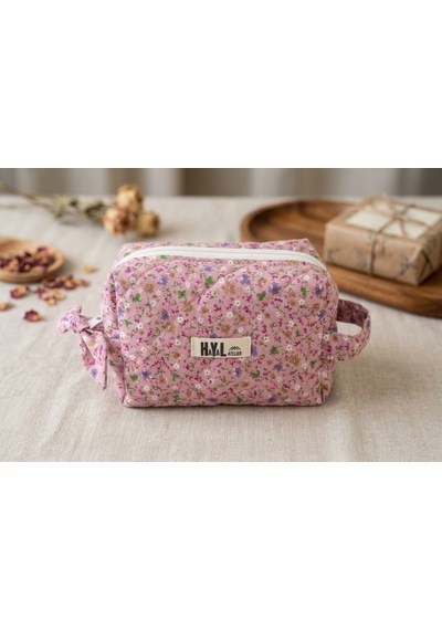 Pembe Çiçekli Küçük Kapitone Makyaj Çantası / Oragnizer - %100 Pamuk Kumaş Pembe - Mini Çiçekli