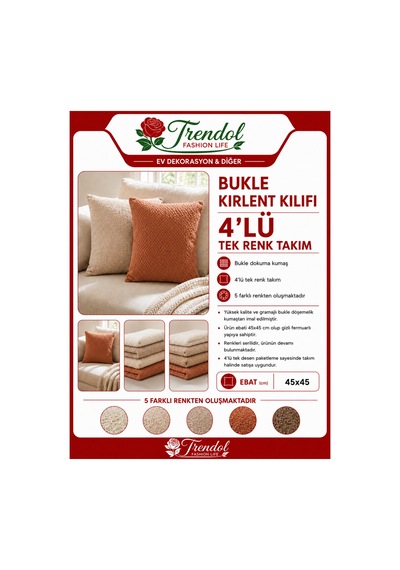 Bukle Kırlent Kılıfı 4'lü Set 45x45 Cm Tek Renk Dekoratif Yastık Kılıfı Kahve Kahve