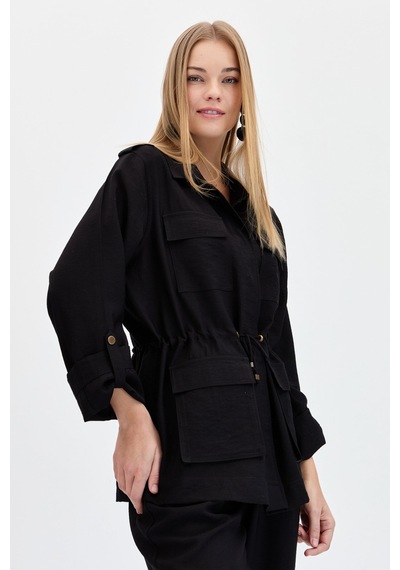 Kadın Safari Model Keten Ceket Siyah Siyah