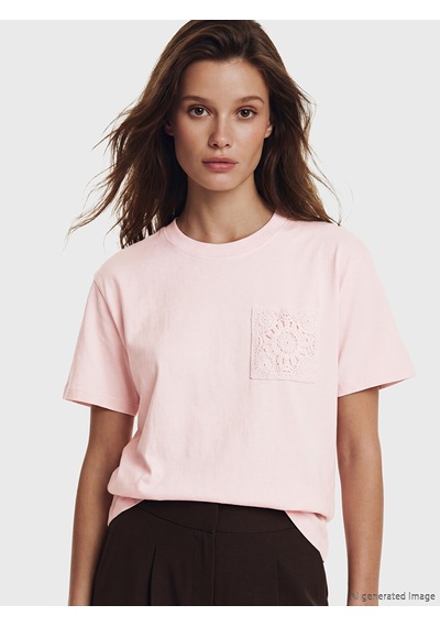Lcw Modest Pembe Dantel Nakışlı %100 Pamuklu Kadın Tişört