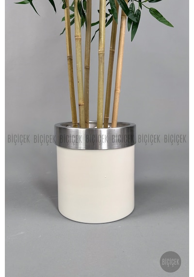 Yapay Bambu Ağacı 170cm Krem Silver Metal Saksıda Krem-silver