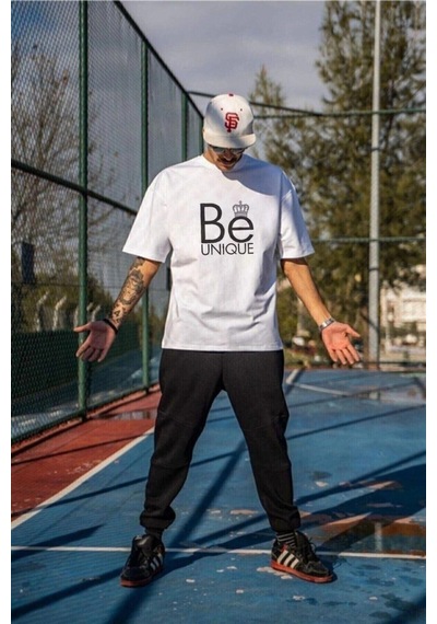 Tarzsokak Erkek Beyaz Be Unique Baskılı Oversize Bisiklet Yaka Kısa Kollu T-shirt