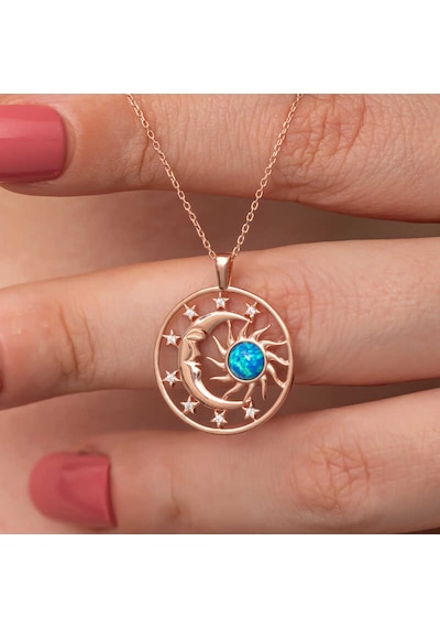 Gümüş Rose Opal Mavi Taşlı Ay Güneş Kadın Kolye Gümüş - Rose Gold