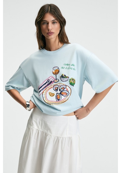 Grımelange NITZA Kadın %100 Pamuk Oversize Bisiklet Yaka Mavi T-Shirt Grımelange NITZA Kadın %100 Pamuk Oversize Bisiklet Yaka Mavi T-Shirt