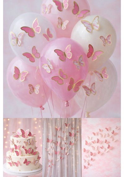 63 Adet Pembe 3d Kelebek Süs Seti 4 - 6 CM Yapışkan Dahil Balon Pasta Duvar Dekoru