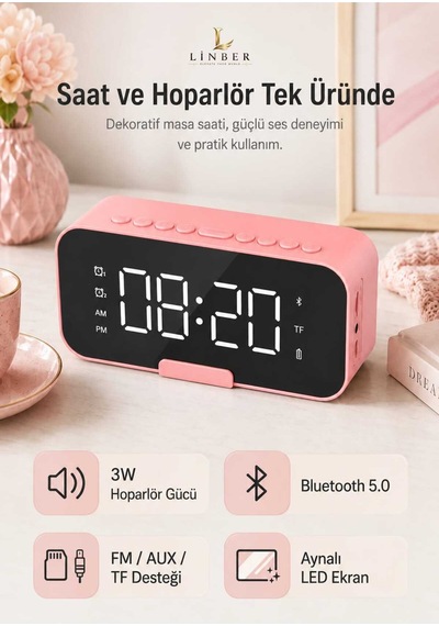 Pembe Bluetooth 5.0 Aynalı Masa Saati Ve Hoparlör 2 Alarm, Erteleme, Fm Radyo, Tf Kart Ve Dahili Mikrofon Pembe Pembe