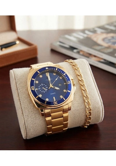 Erkek Bezel Kol Saati Bileklik Hediyeli Yeşil Kadran Takvimli Çelik Kordon Quartz Analog Saat Frn09 Mavi