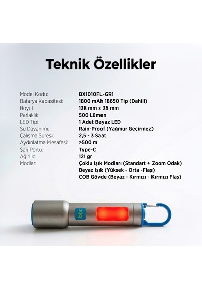 Bix Bx1010fl 10w 500 Lümen Zoom Özellikli 500 Metre Menzilli Metal Led El Feneri Şarj Edilebilir Flashlight Gri