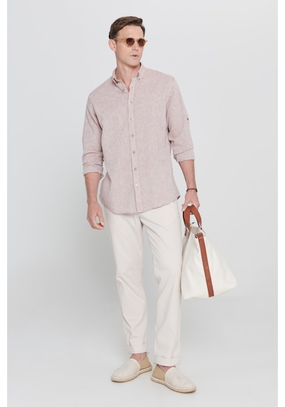 AC&Co / Altınyıldız Classics Erkek Camel Comfort Fit Rahat Kesim Düğmeli Yaka Casual Keten Gömlek Camel