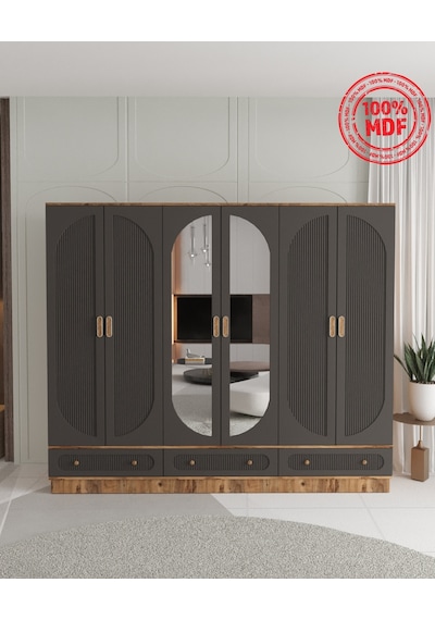 Soho 6 Kapaklı Çekmeceli Bazalı Gardırop - Tamamı Mdf Antrasit