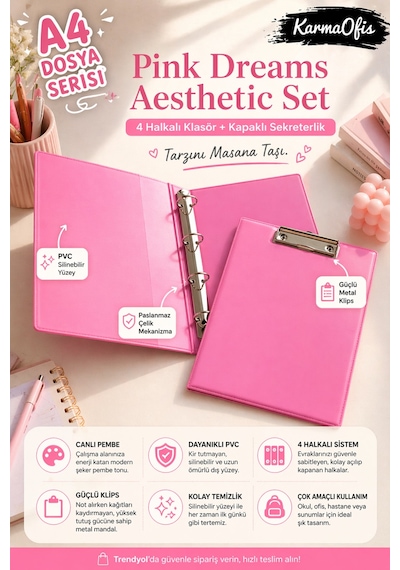 Pink Dreams Aesthetic Kırtasiye Seti A4 4 Halkalı Klasör + Kapaklı Sekreterlik Pembe Pvc Dosya Organizer