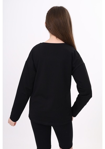 Toontoy Kız Çocuk Cep Üstü Baskılı Sweatshirt Siyah