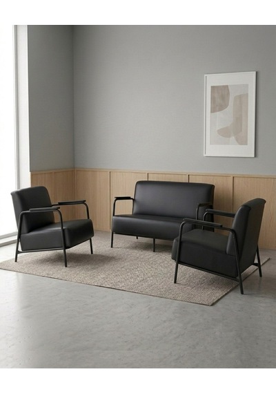 Atlas 2+1+1 Deri Ofis Modern Bekleme Koltuk Takımı Siyah Metal İskelet - Siyah