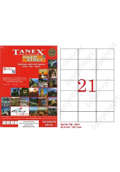 Tanex Tw-2021 Ebat 63 X 38 MM Laser Etiket A4 Sayfada 21 Etiket