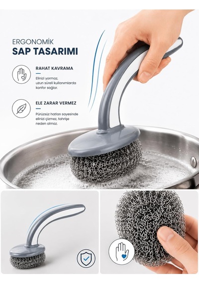 20gr Tutma Saplı Bulaşık Teli Ergonomik Dayanıklı Güvenli Paslanmaz Lüks Bulaşık Ovma Fırçası Yağ Kir Pas Sökücü Fırın Ocak Lavabo Sürtme Zor Kir Bezi Temizlik Seti
