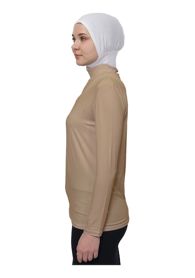 Manolyaşal İslamic Hijab Hafif Uzun Kollu Balıkçı Yakalı Organik Kadın Body Koyu Bej