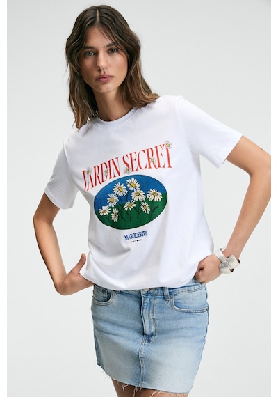 ETHIQUET KARIVA Kadın Bisiklet Yaka Kısa Kollu Ön Baskı Detaylı Regular Fit Beyaz T-Shirt