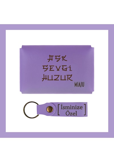 Miaju Mor Menekşe, Aşk, Sevgi, Huzur Temalı Özel Tasarım, İsme Özel Cüzdan Set, Unutulmaz Anılar İçin Mor Menekşe Mor