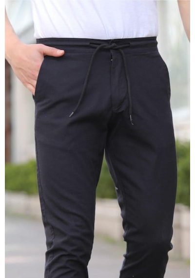 Tarz Cool Siyah Erkek Eganis Ipli Jogger Düğmeli Kumaş Pantolon Siyah