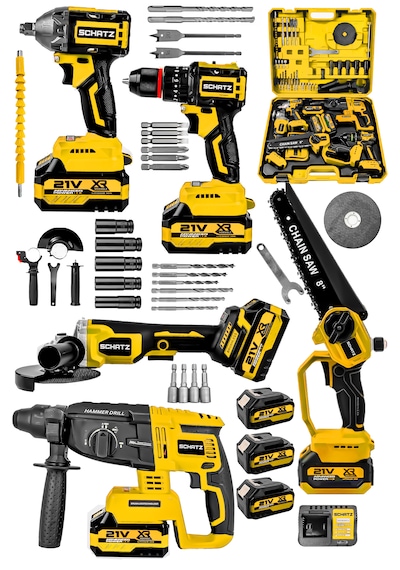 Schatz 21v Darbeli Kömürsüz 5'li Set Kırıcı Delici Hilti - Somun Sıkma Sökme - Testere - Matkap - Vidalama Sarı