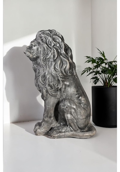 Dekoratif 53cm Gri Eskitme Aslan Heykeli Ev Balkon Bahçe Dekorasyon Obje Biblo Heykel Diğer