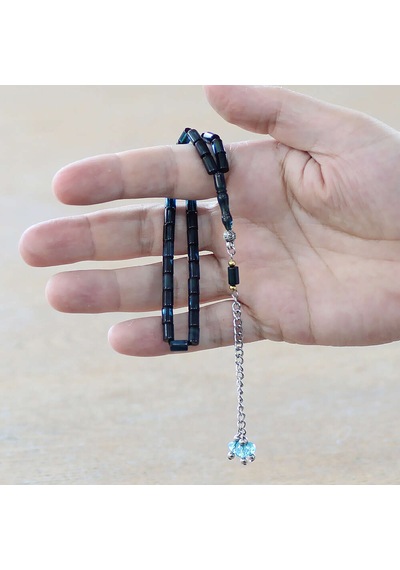 Tesbihane Ateş Kehribar Tesbih - Zirkon Taş Metal Püsküllü - Turkuaz Siyah Renk - Mini Boy - Kesme Kesim Çok Renkli