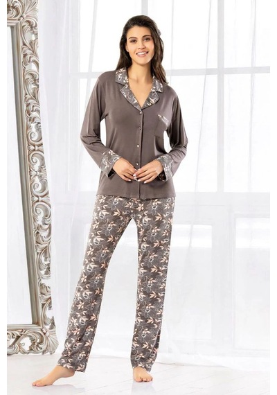 Faal 8603 Kadın Uzun Kollu Önden Düğmeli Pijama Takımı-kahve Kahve