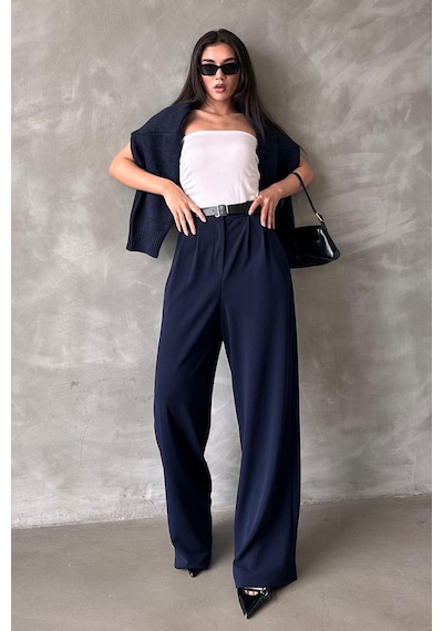 Madmext Lacivert Çift Pileli Kemerli Pantolon Mg2330 Lacivert