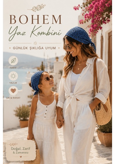 Anne Kız Kombin Bandana El Örgüsü Saç Bandı Bohem Stil Ayarlanabilir 2li Set Lacivert