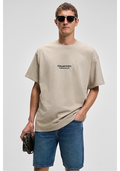 Grımelange COLLECTIVE Erkek Ön Nakış Arka Baskı Detaylı %100 Organik Pamuk Oversize Kısa Kol Taş Rengi T-Shirt