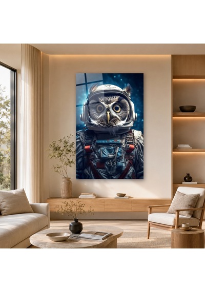 Astronot Kasklı Baykuş Çerçevesiz Cam Tablo