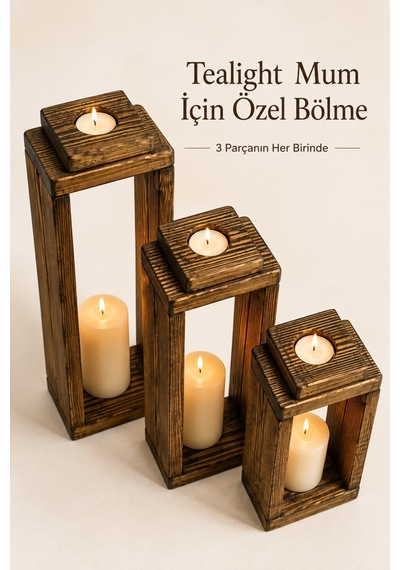 3'lü Dekoratif Ahşap Mumluk Seti, Tealight Mumluk Lüks Mum Salon Balkon Mumluğu Ahşap Ahşap