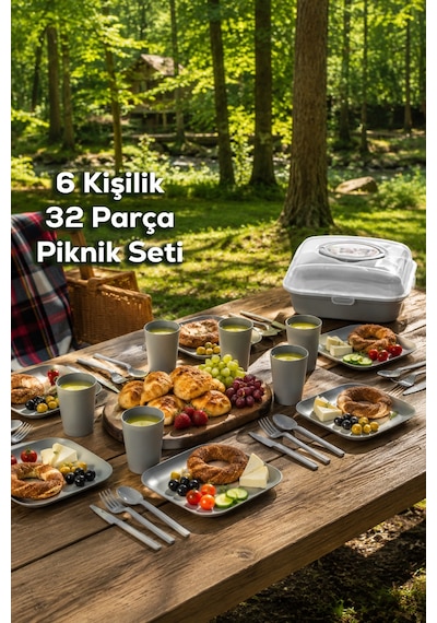 Porsima 0039 Karizma 32 Parça 6 Kişilik Pratik Taşınabilir Piknik Seti - Saklama Kutulu Piknik Sepeti Gri
