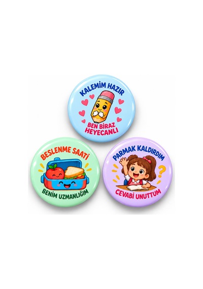 Kalem Beslenme Ve Cevaplar - 3 Lü 58mm Rozet Seti Çok Renkli