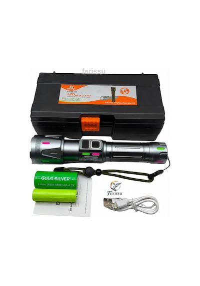 Ultra Güçlü Beyaz Lazer Led El Feneri - 2 Km Menzilli & Powerbank Özellikli Çift Pil Setli Gri