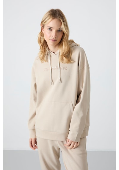 Tommy Life Bej Kapüşonlu Kanguru Cep Oversize Lastik Paça Kadın Eşofman Takımı - 95288 Bej