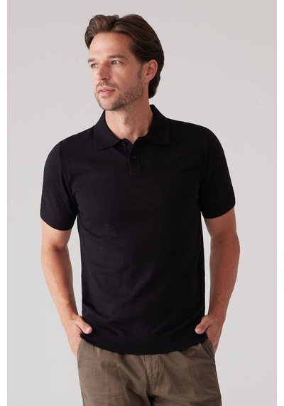 Erkek Siyah Slim Fit Kaşmir Karışımlı Polo Yaka Tişört