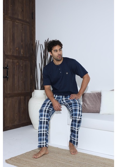 Pemilo Erkek 70042 Kısa Kol Yaka Düğmeli Pijama Takımı Lacivert Lacivert