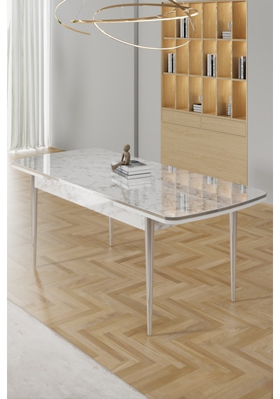 Canisa Rada Serisi 80x132 Açılabilir Lak Panel Beyaz Mermer Desen Masa 4 Krem Sandalye Krom Detay Beyaz Mermer Desen Masa Krem Sandalye Canisa Rada Serisi 80x132 Açılabilir Lak Panel Beyaz Mermer Desen Masa 4 Krem Sandalye Krom Detay Beyaz Mermer Desen Masa Krem Sandalye
